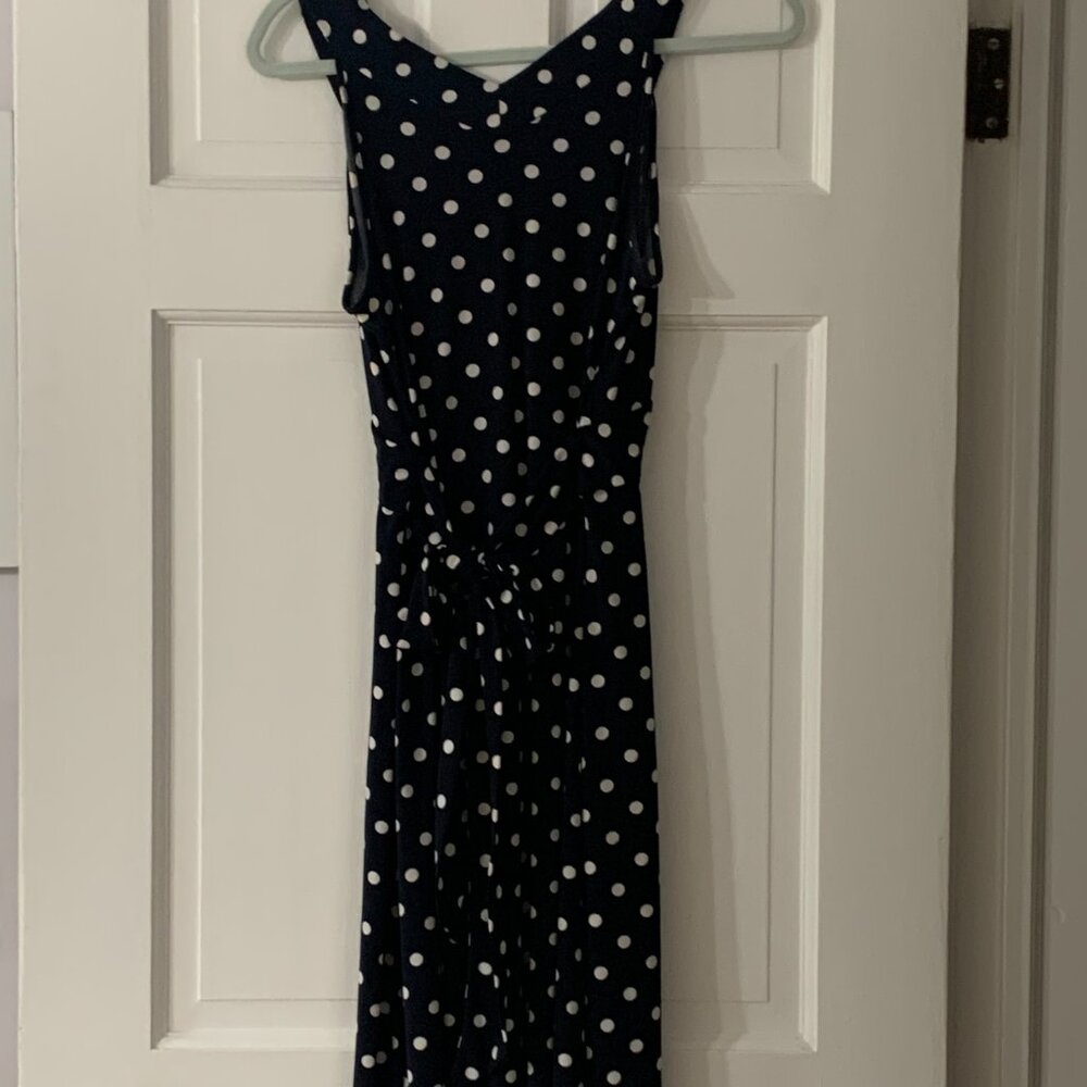 Loft Navy Stretch dress with Polka dots,  criss cross bodice, size 8 - Picture 8 of 9